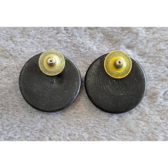 Vintage Black Enamel Floral Earrings 1" Round Hand Painted Wood Stud Post - Picture 4 of 8